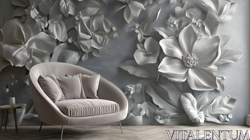 Elegant 3D Floral Wall Mural with Modern Lounge Chair in Minimalist Style.