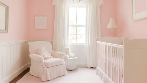 Soft pink baby nursery with crib, armchair, and toys.