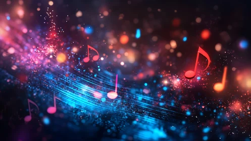 Vibrant music notes swirl through neon cosmic light field.
