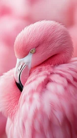 Macro telephoto close-up of resting pink flamingo plumage study.
