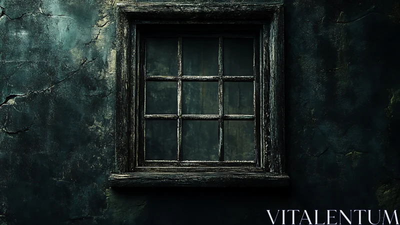 Photorealistic decayed window set in weathered plaster wall.