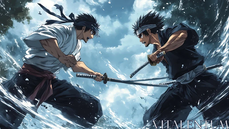 Rival samurai duel in stormy river with clashing katanas.