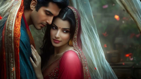 South Asian Wedding Couple in Traditional Attire Embracing