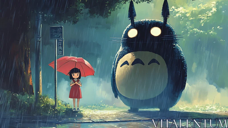 Girl with red umbrella and large forest creature in rain