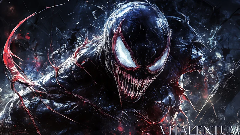 Black alien creature with sharp teeth in chaotic blue setting.