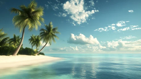Tropical Beach with Palm Trees Rendered in Photorealistic Digital Composition