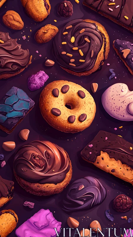 Chocolate glazed donuts and cookies on purple dessert field.