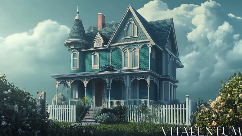Victorian gingerbread house in moody digital painting style.