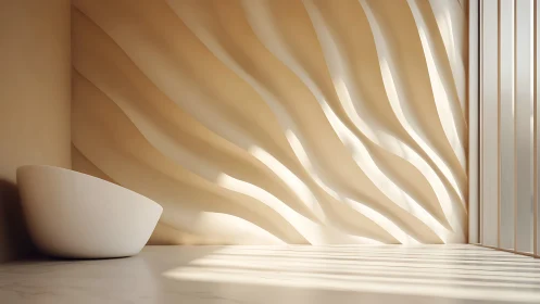 Minimalist white sculptural bowl in geometric 3D environment with layered architectural wall