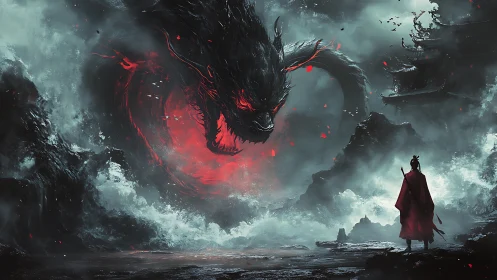 Samurai confronts colossal shadow dragon amid bloodstorm.