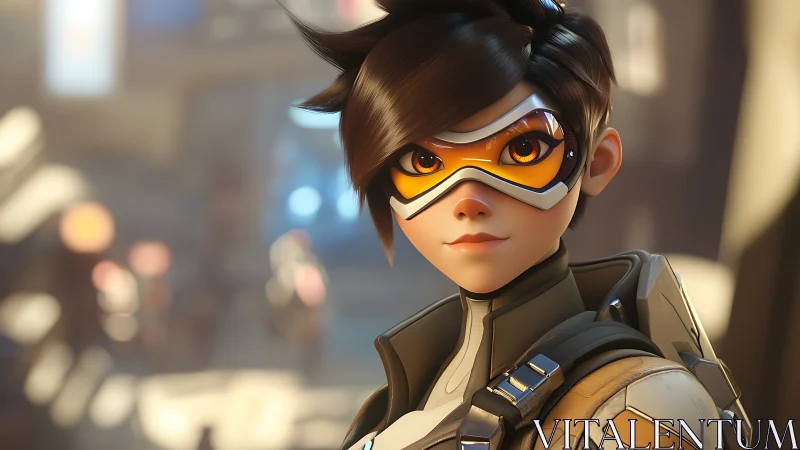 Confident sci fi heroine pausing mid adventure in sunlight.