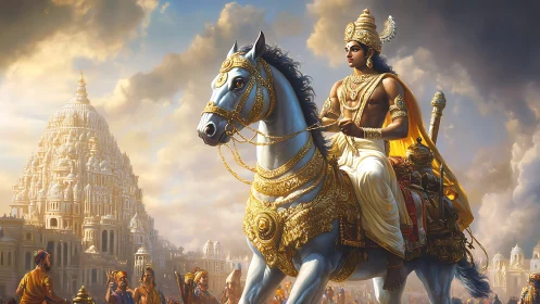 Mythic warrior on caparisoned steed before temple citadel.