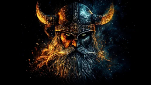 Mythic Viking warlord portrait in blazing dual lighting.
