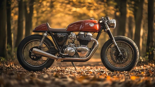 Cafe racer motorcycle on forest path in autumn light.