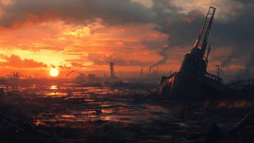 Post apocalyptic industrial coastline under burning sunset.