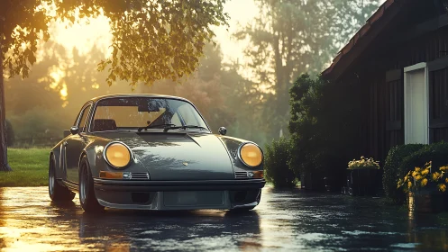 Wet-morning classic coupe under diffuse backlit foliage glow.