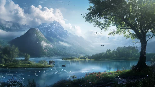 Mountain lake glows under tranquil morning light in spring.