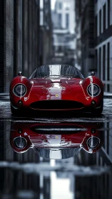 Gleaming red sports car reflecting boldly in city rain.