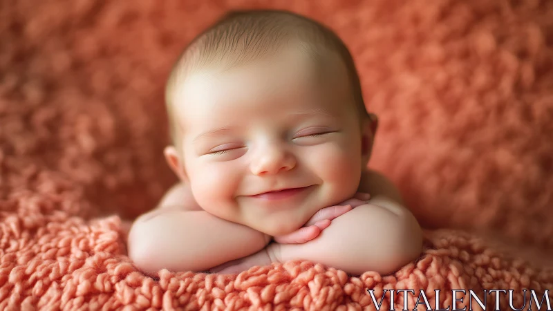 Smiling Newborn Portrait with Warm Peachy Textured Background.
