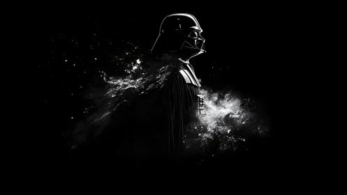 Dark armored figure in profile dissolves into abstract dust