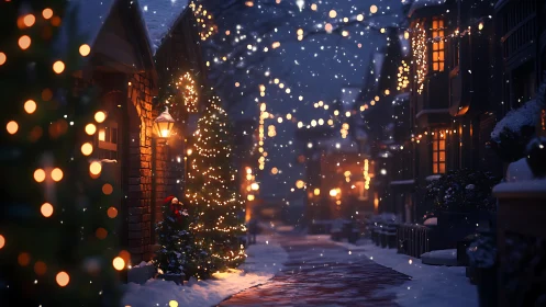 Cozy snowy village street glowing with gentle holiday lights.