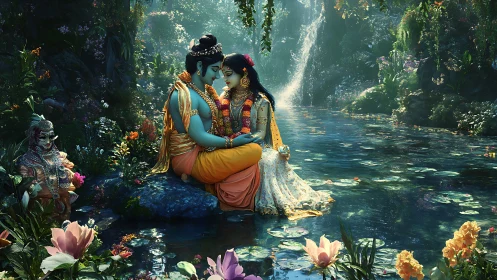 Divine lovers embraced beside luminous lotus waterfall pond.