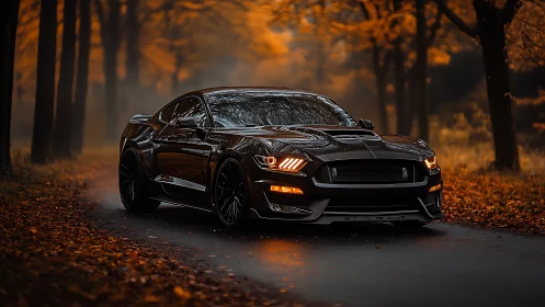 Black sports coupe on forest road in autumn light.