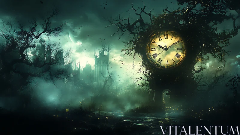 Nocturnal swamp landscape with oversized clock structure.