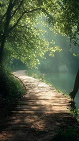 Photorealistic woodland boardwalk under dappled morning light.