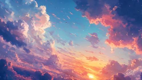 Radiant sunset sky washes clouds in pastel light.
