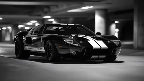 Midnight-striped supercar prowls a polished concrete lair