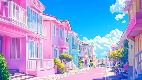 Pastel residential street with low-rise houses under sky.