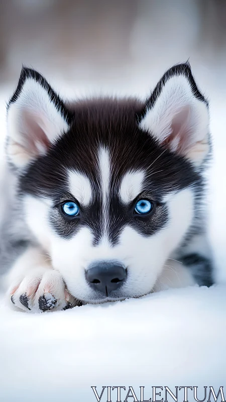 Snowy blue-eyed husky pup resting in winter calm.