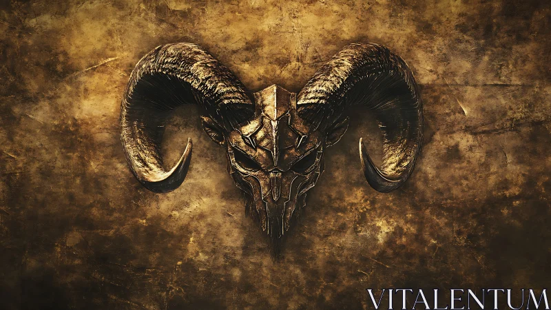 Metallic ram skull emblem on distressed golden backdrop.