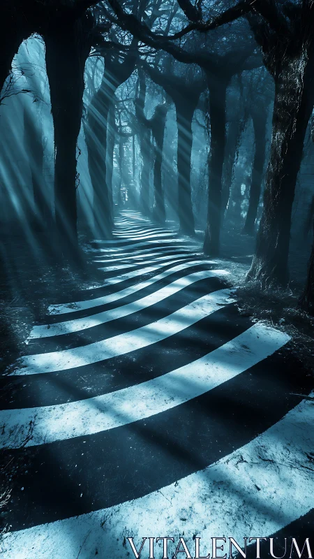 Moonlit striped forest path curves through dense shadows.