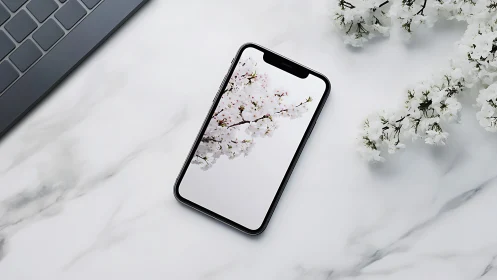 Smartphone with cherry blossom wallpaper positioned on white marble surface.