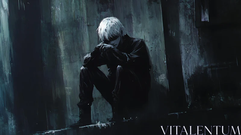 Lonely white haired figure sitting in dark urban alleyway.