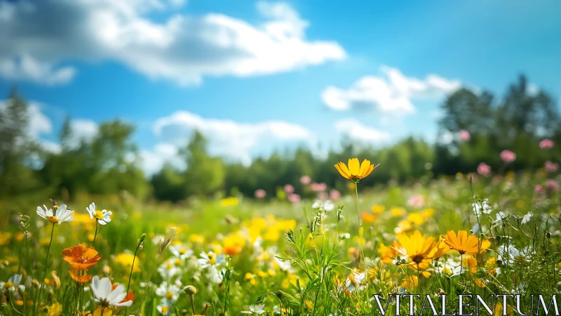 Sunlit wildflower meadow humming beneath a bright blue sky.