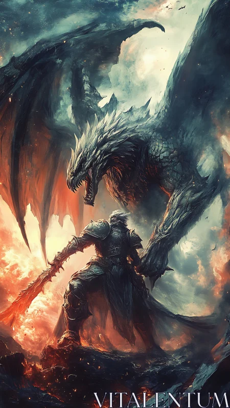 Armored knight confronts colossal dragon amid raging firestorm