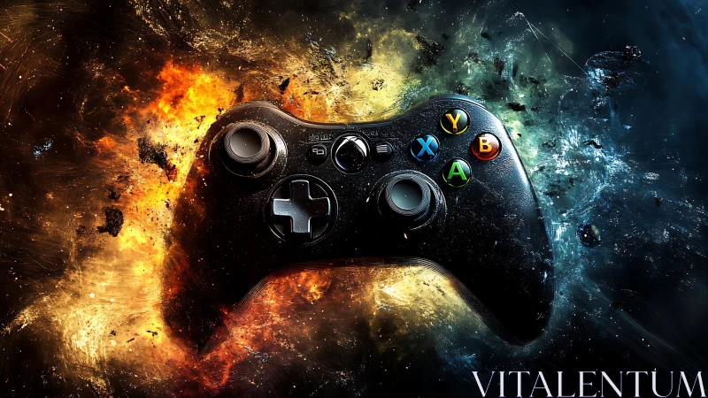 Game controller centered against explosive fire and ice effects