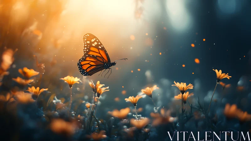 Gentle monarch butterfly drifts over glowing wildflower meadow