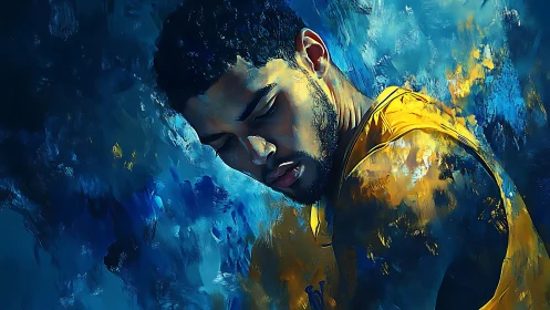 Expressive digital painting of pensive athlete in blue field.