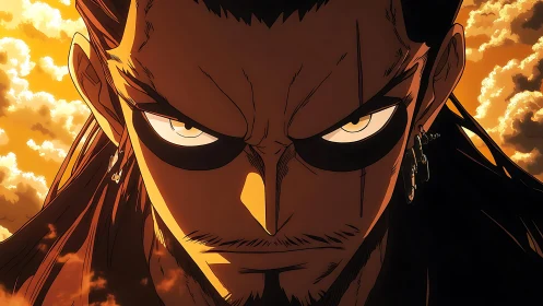 Close frontal view of anime male face against orange sky.