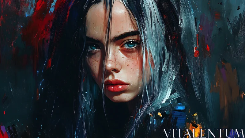 Moody digital portrait shows intense gaze amid abstract strokes