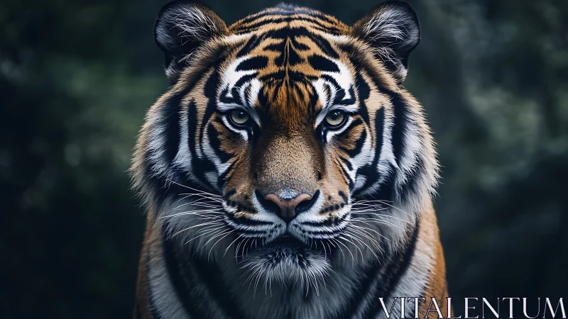 Intense tiger portrait stares forward in moody forest light.