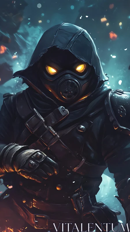 Hooded gas mask soldier with glowing eyes in icy firestorm