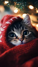 High-bokeh festive close-up of kitten in knitted red wrap.