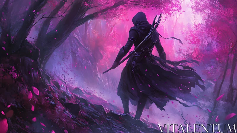 Rogue archer prowling through ethereal magenta forestscape.
