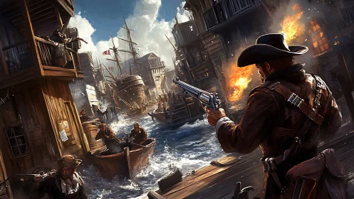 Gunfighter standoff in burning colonial harbor street, high detail