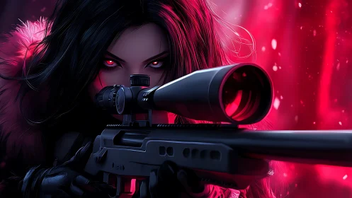 Cyberpunk Operative with Sniper Rifle in Neon Red Environment.